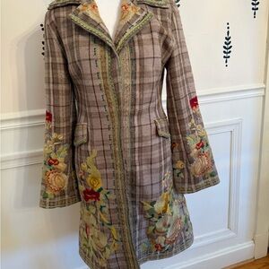 Johnny Was Beige Plaid Trench Coat with Floral Embroidery.  Sold out everywhere